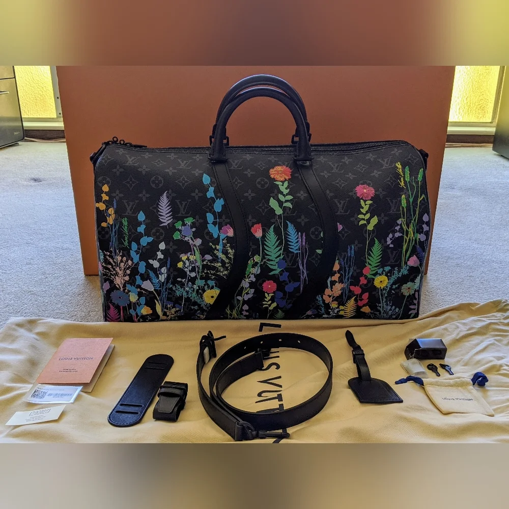 Louis Vuitton Monogram Eclipse Foliage Keepall Bandouliere 50